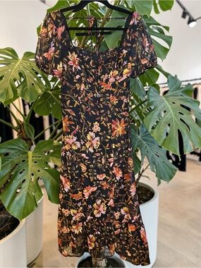 BCX Black Floral Puff-Sleeve Midi Dress with pink and Orange Blooms